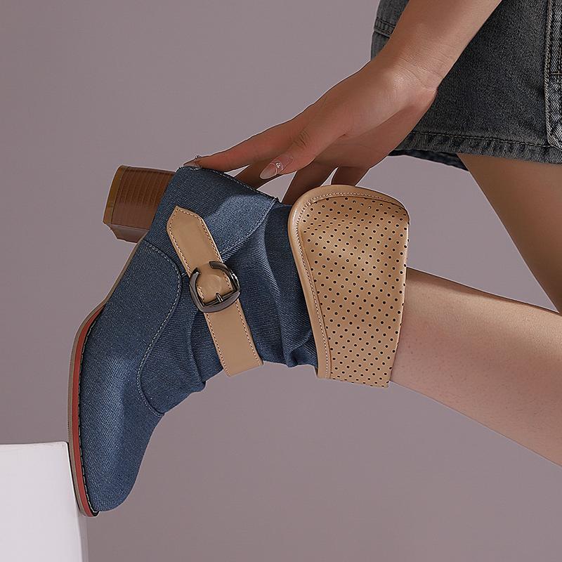 Fashion 2025 Autumn Winter Ladies Short Boots Belt Buckle Decorated Cowboy Boots Square Heel Thick Sole Non-Slip Outdoor Boots Travel