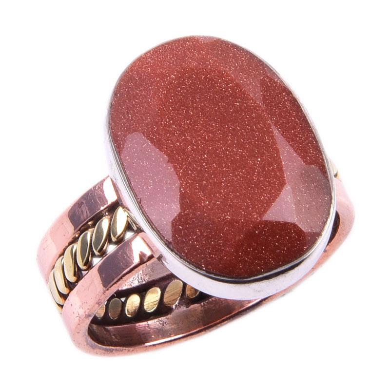 Natural Sunstone Gemstone Handmade 925 Sterling Silver Two Tone Ring Size 6 Z8C50