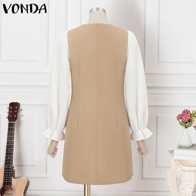 VONDA Women Casual Long Sleeve Square Neck Colorblock Dress