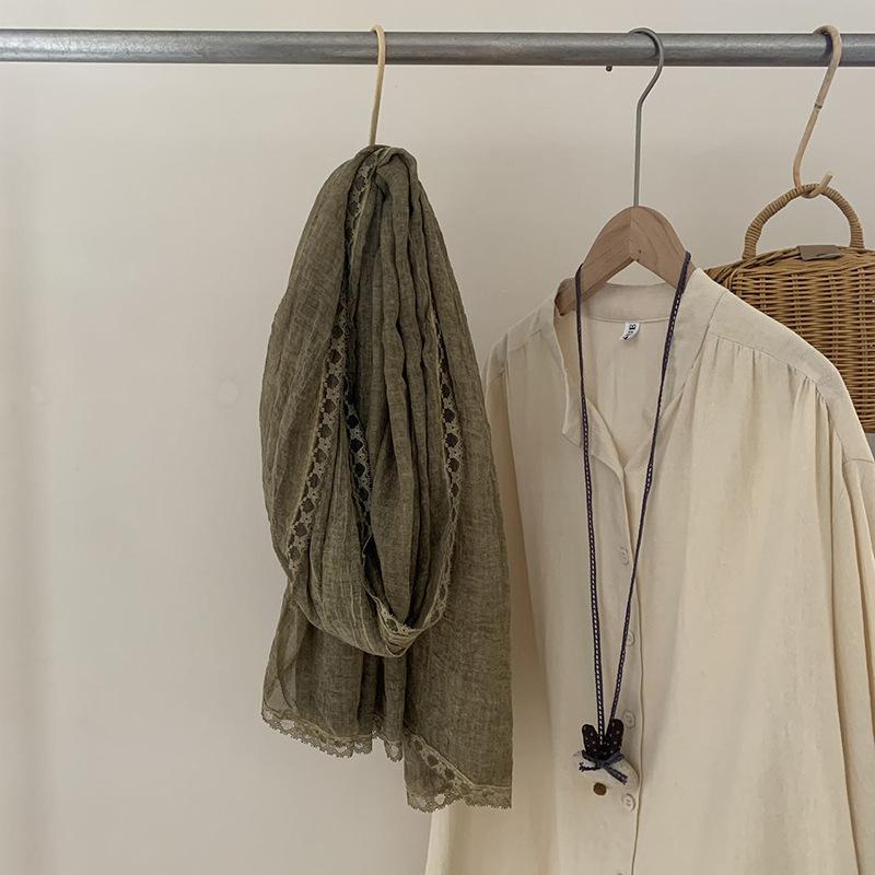 

Сладкий шарф кружево однотонный хлопок конопля однотонный осенний шарф дорожная шаль для женщин 190*80cm армия зеленый