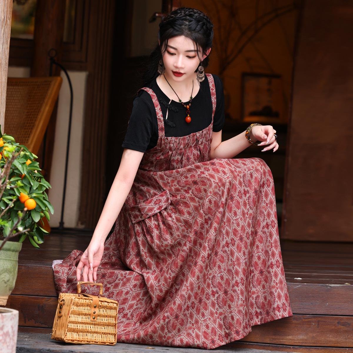 

Johnature Женское летнее модное индивидуальное нишевое свободное винтажное платье с цветочным принтом в китайском стиле One Size