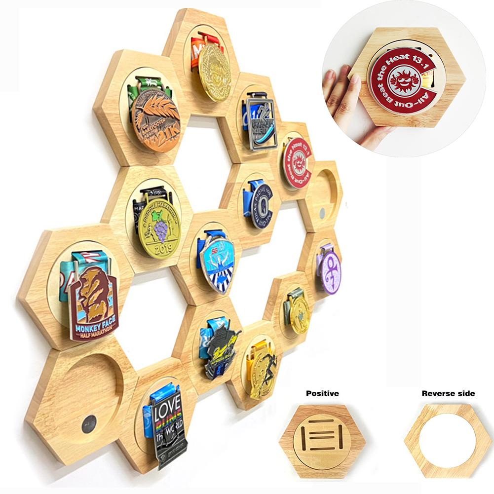 1-5Pcs Wooden Medal Display Hanger Racks Hexagon Honeycomb Medal Holder Home Wall Decoration Honor Commemorative Display Stand