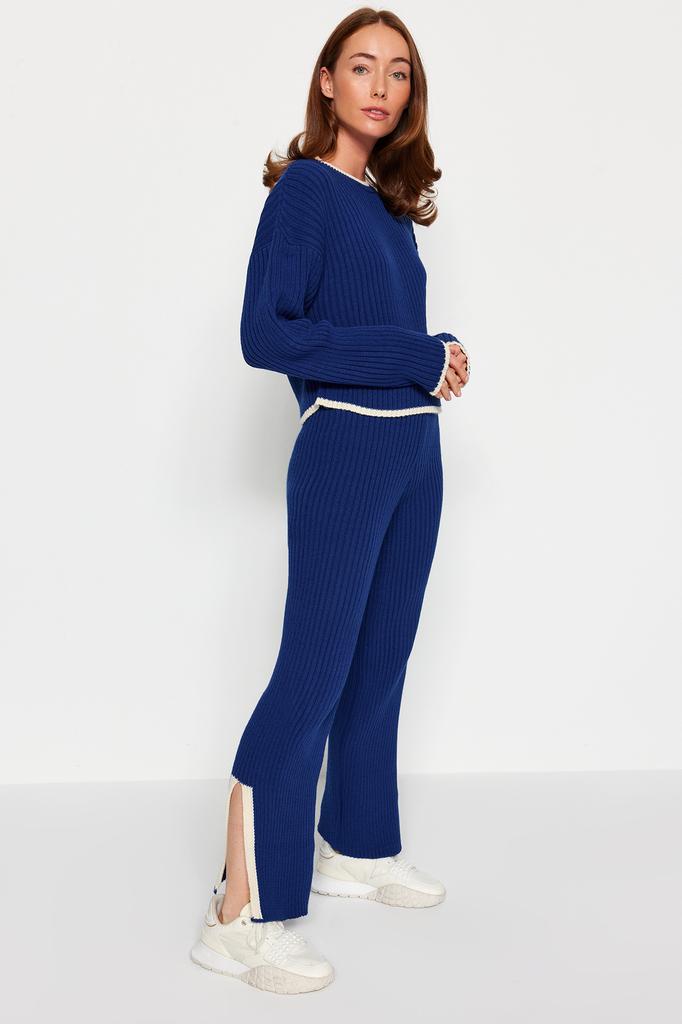 Women's Bottom-Top Set Fashion New Season Black Corded Color Blocked Knitwear Bottom-Top Set