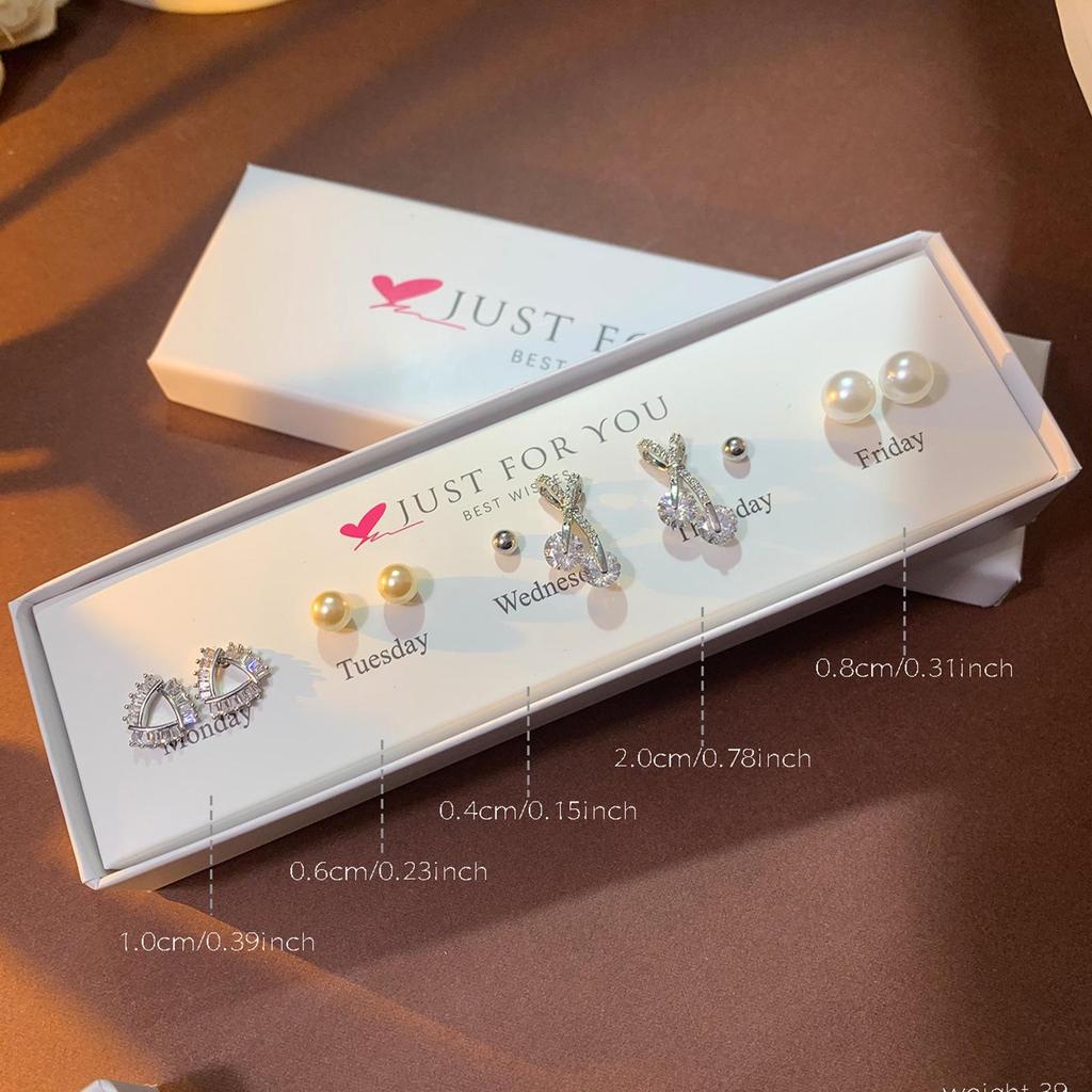 Weekly Earring Set: Flower Zircon Studs, Simple Ear Cuffs, Pearl Tassel French Earrings - 5 Pairs
