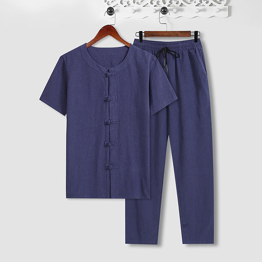 Men's Retro Cotton Linen Short-sleeved T-shirt Top Loose Pants Two-piece Suit