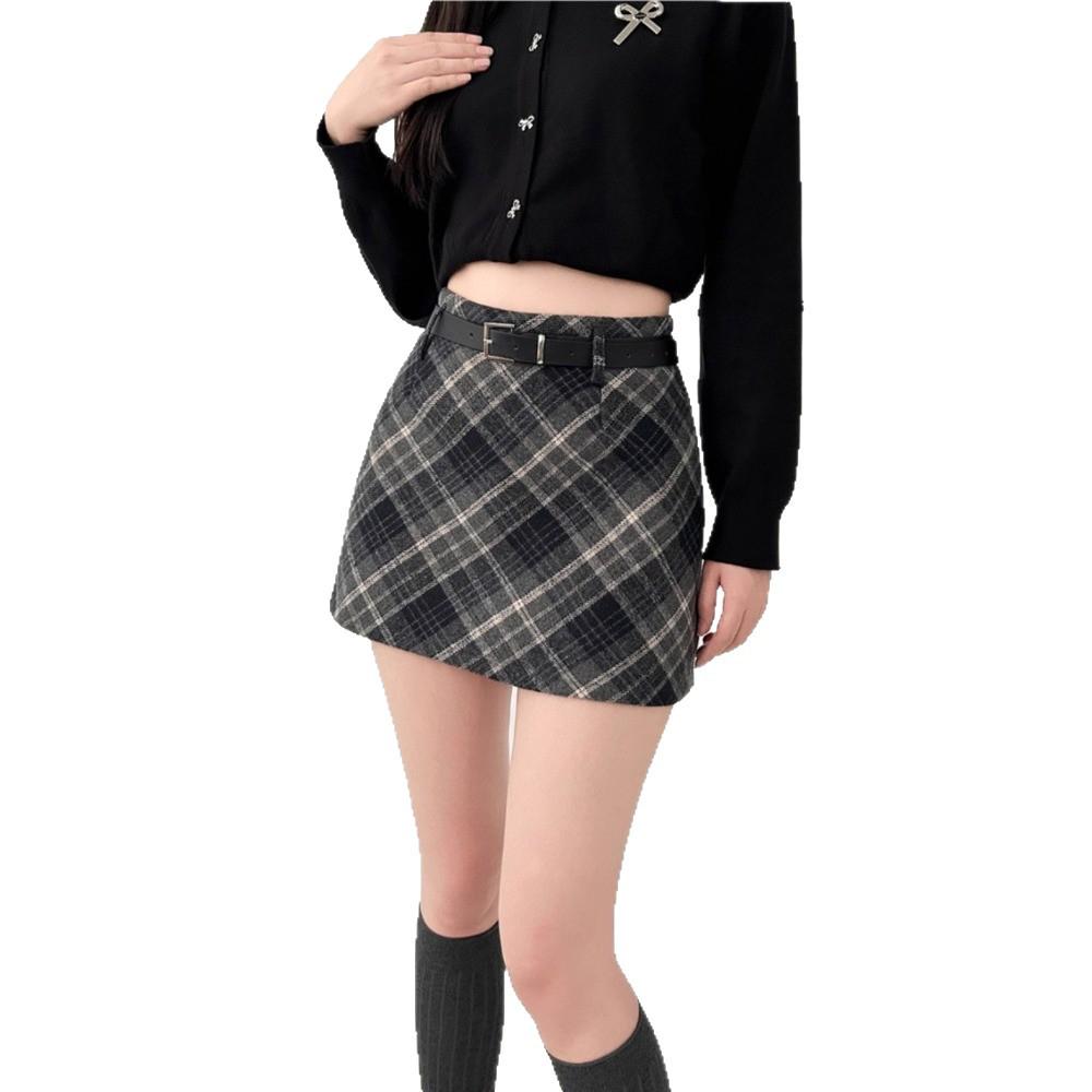 High-Waisted Plaid Slit Skirt - Plus Size Korean Style Retro Slimming Women's Fashion 2025 Autumn