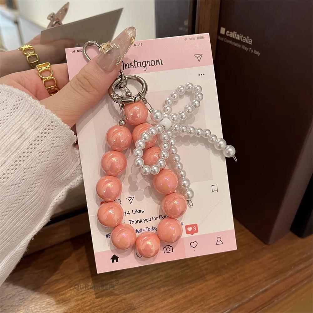 

Korean Candy Color Beaded Phone Charm Pendant Keychain Pearl Bowknot Bag Keycord Japan Girl Phone Strap Chain Keyring