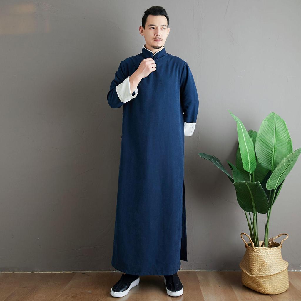 Ma Fan Men's Chinese Tang Suit Satin Long Robe: Snowflake Pattern, Stand-Up Collar, Roll-Up Sleeves, Solid Color