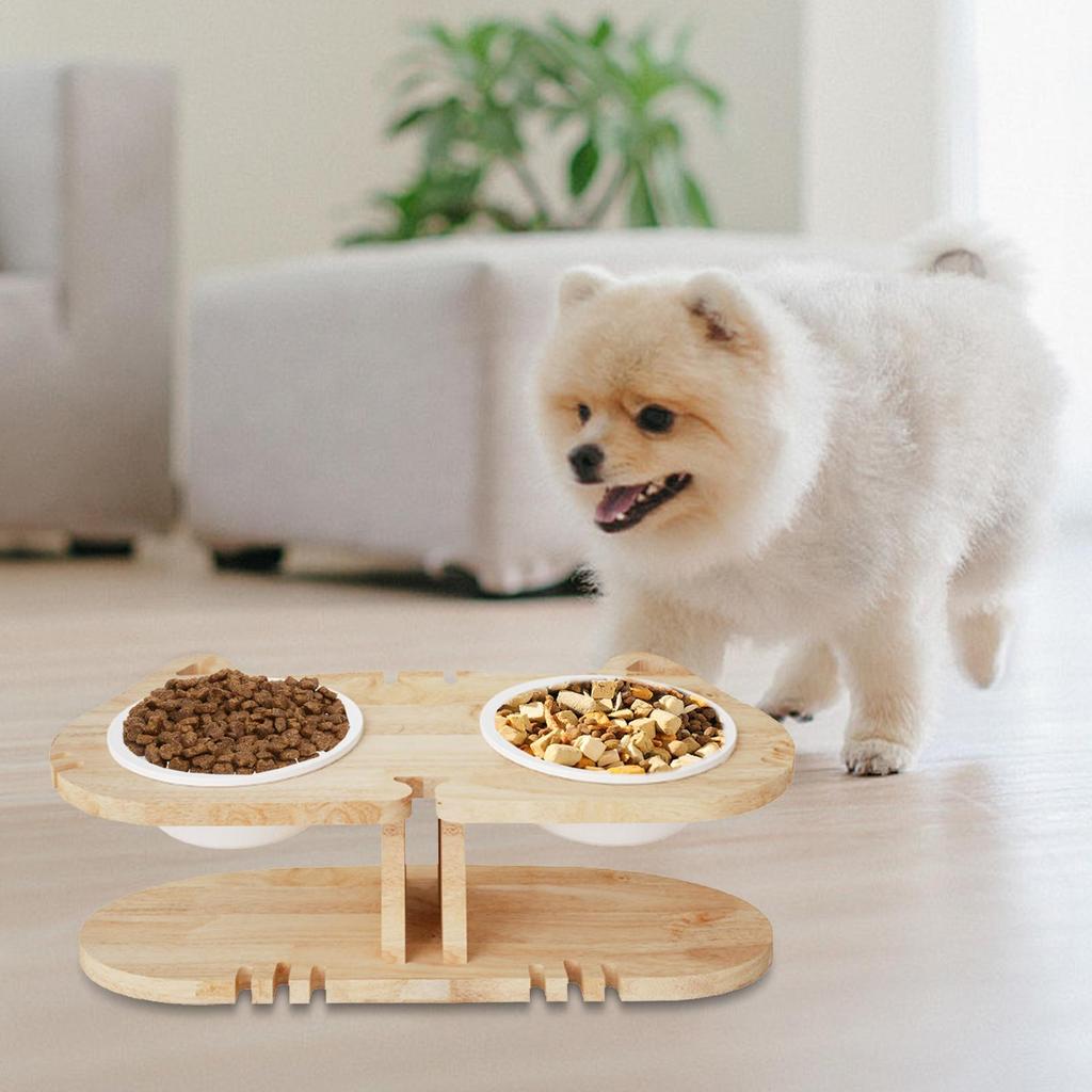 Tilted Cat Feeding Bowls Elevated Non-Slip Pet Feeding Dishes With Wood Stand Raised Tilted Cat Feeder For Indoor Household