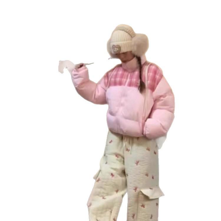 Stand-up Collar Short Thickened Thermal Jacket Winter New Plaid Versatile Contrasting Color Splicing Cotton-padded Coat