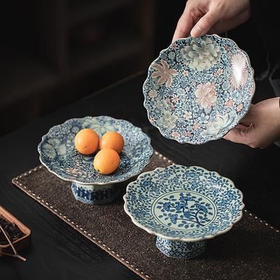 Chinese Blue and White Porcelain High-foot Fruit Plate Delicate Ceramic Tea Tray Dried Fruit Tray Creative Flower-shaped Plate