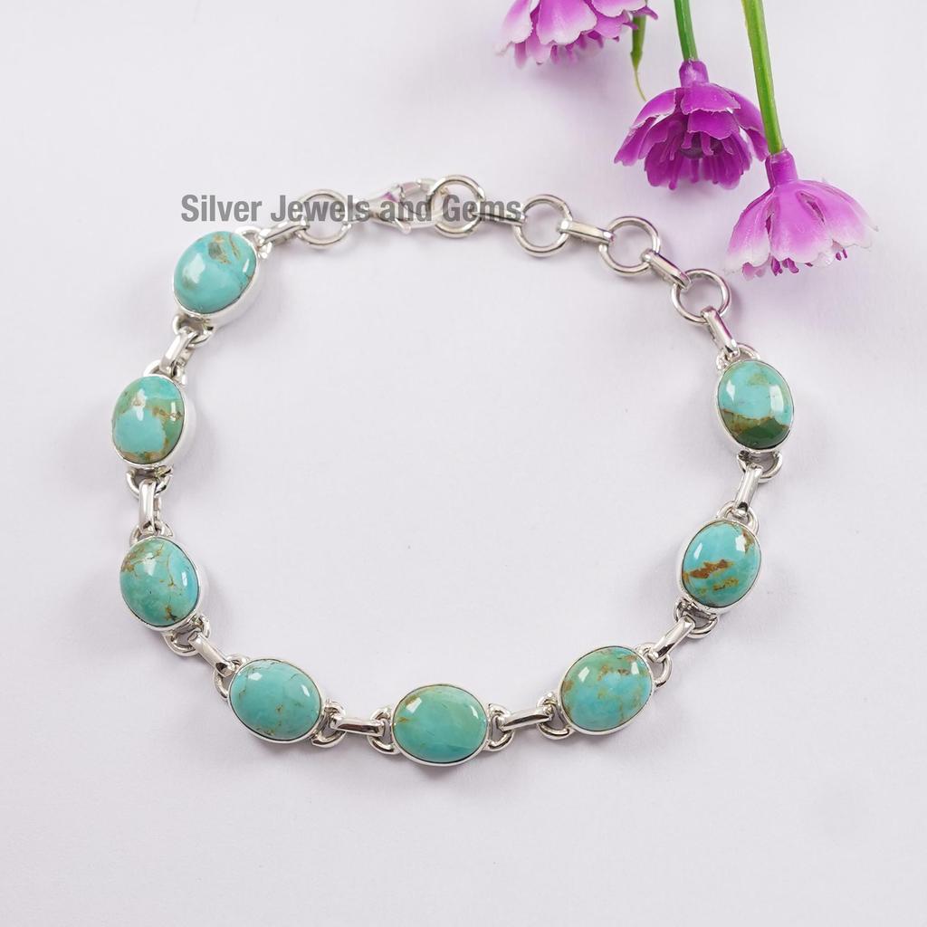 Turquoise 925 Sterling Silver Bracelet: Handmade Oval Gemstone Jewelry