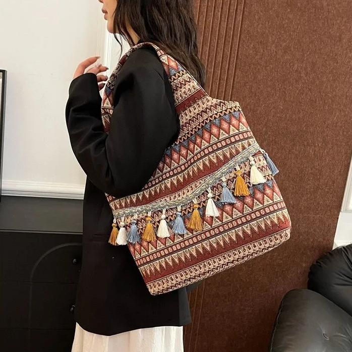 WTEMPO Trendy Women's Casual Versatile Handbags Nylon Ethnic Style Office Ladies Bags with Top Handle Work Meal Bag Lunch Bag