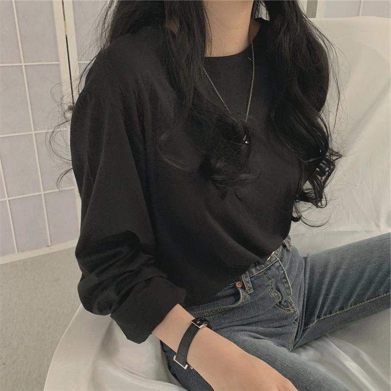 2025 Autumn Women's Solid Color Loose Long-Sleeved T-Shirt - Korean Style, Versatile, Carefully Selected Women's Tops