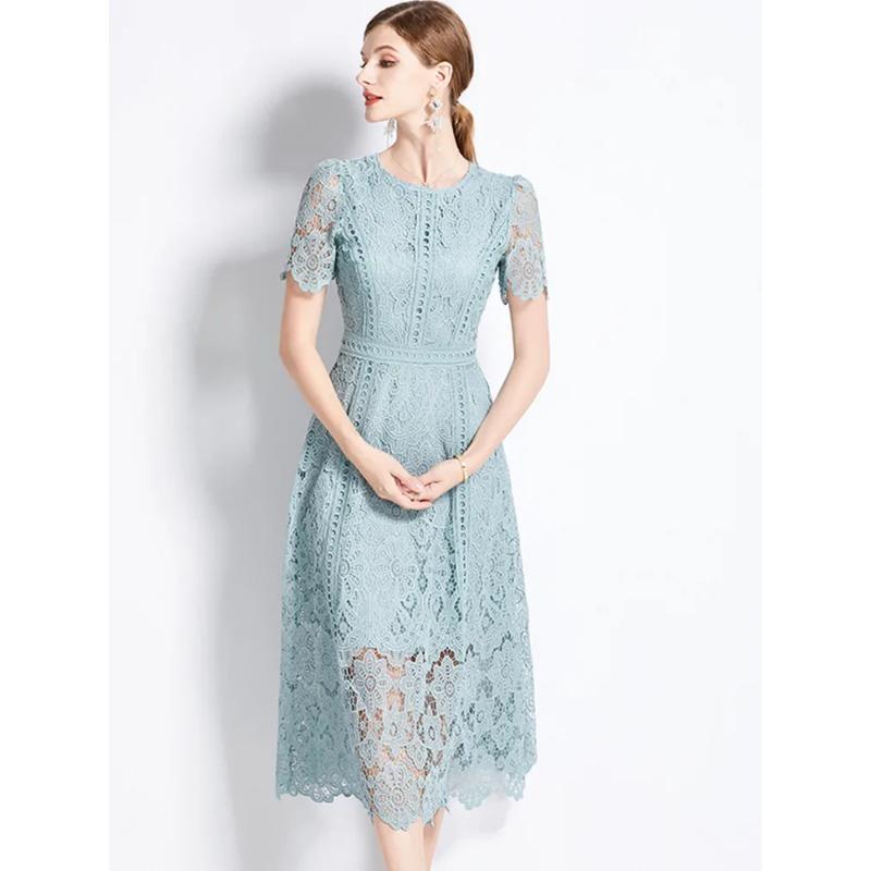 Abito da Donna Estivo Elegante Slim con Scollo a O, Manica Corta, Pizzo Intrecciato, Vintage di Alta Gamma, Abbigliamento