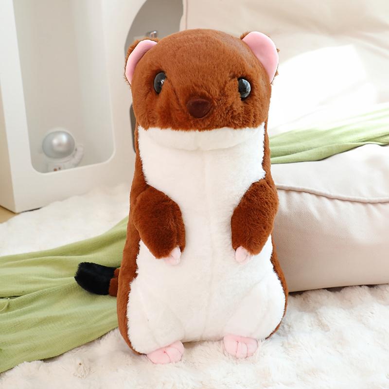 Mignon Assis Dessin Animé Belette Blanche Belette Jaune Peluche Mignonne Yeux Noirs Animal Forêt Sauvage Peluche Oreiller Compagnon de Sommeil 48x28x25cm marron