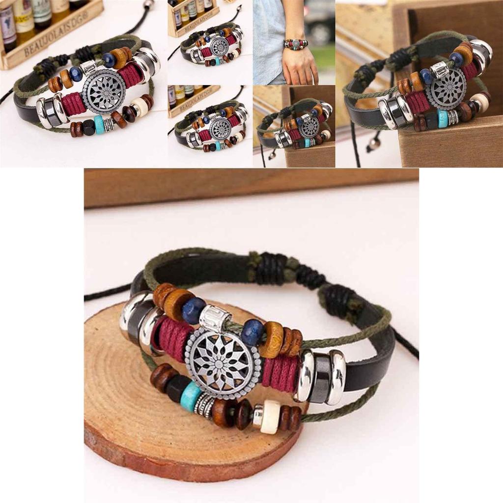 Vintage Handmade Pu Leather Bracelet With Creative Beads For Unisex Style And Elegance