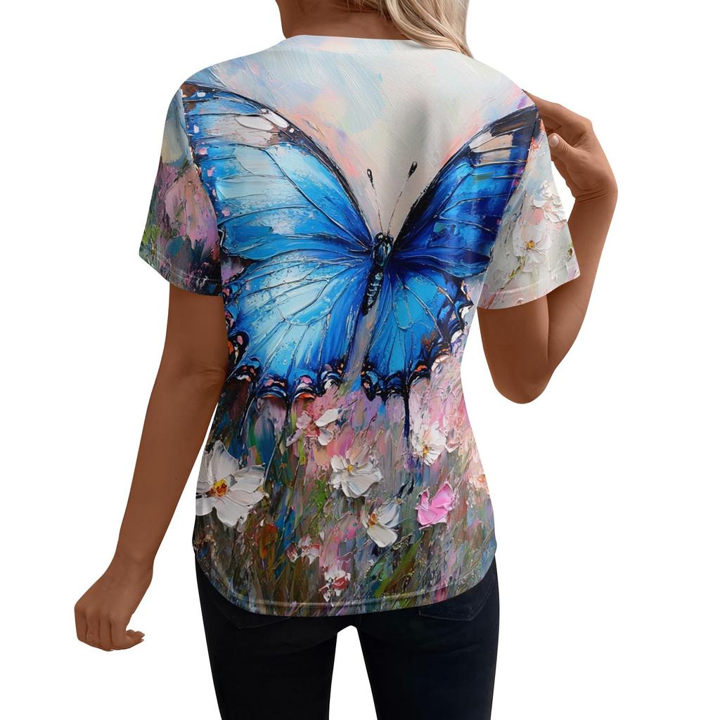 Women's Short Sleeve Tops Pleated  Neck Loose Fit T-Shirt