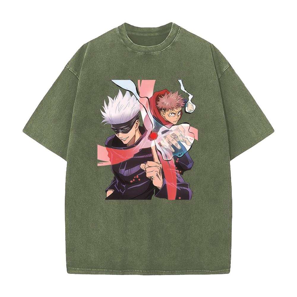 Gojo Satoru Print T Shirt Jujutsu Kaisen Tshirt Men Cotton Clothing Vintage Washed Streetwear Short Sleeve Casual Soft Tee Tops