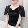 New Fashion Women's Chic Butterfly Sleeve Hot Diamonds Summer T-shirt Sexy Square Neck Slim Mesh Tops Elegant Female Tees