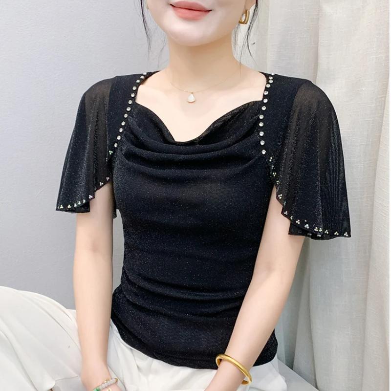 New Fashion Women's Chic Butterfly Sleeve Hot Diamonds Summer T-shirt Sexy Square Neck Slim Mesh Tops Elegant Female Tees