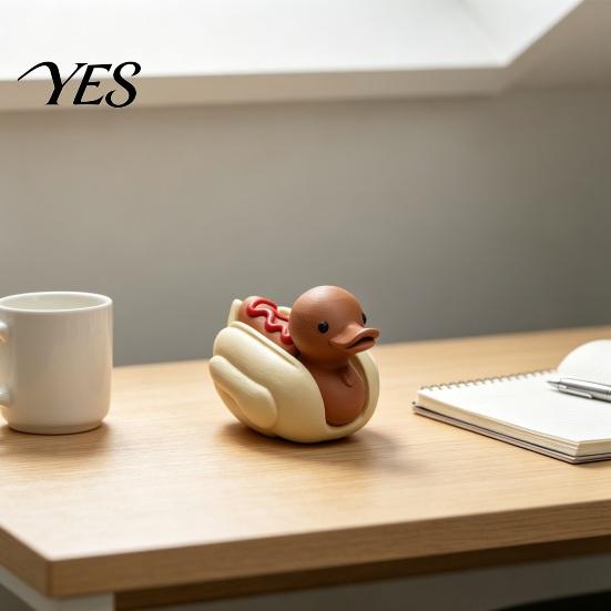 Durable 3D Printed Figure Hot Dog Duck Figurine, Cute Food Animal Sculpture Eye-catching Office Decor with Matte Finish, Funny Mini Desk Toy