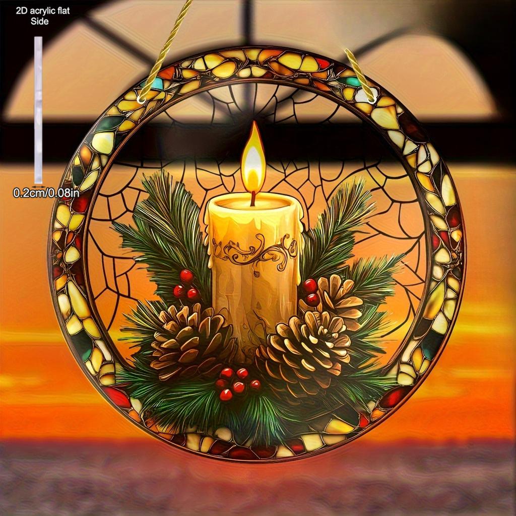 Rustic Candle Sun Catcher Acrylic Hang Sign, Acrylic with Pinecones & Holly, A Festive Holiday Decor Gift, Nurseries, Vintage Home Decor Wall for Bar