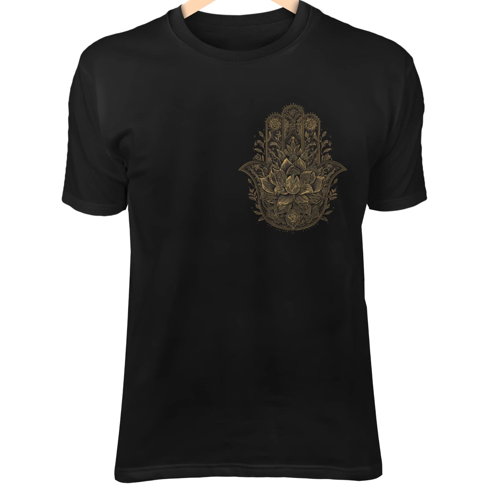 Gold Hamsa Hand - Floral Mandala Line Tattoo Art on Black Background L