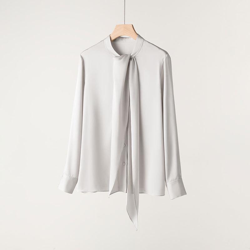2025 Spring Women's Long Sleeve Mulberry Silk Shirt with Ribbon - Commuter Style, Slim Fit, Solid Color