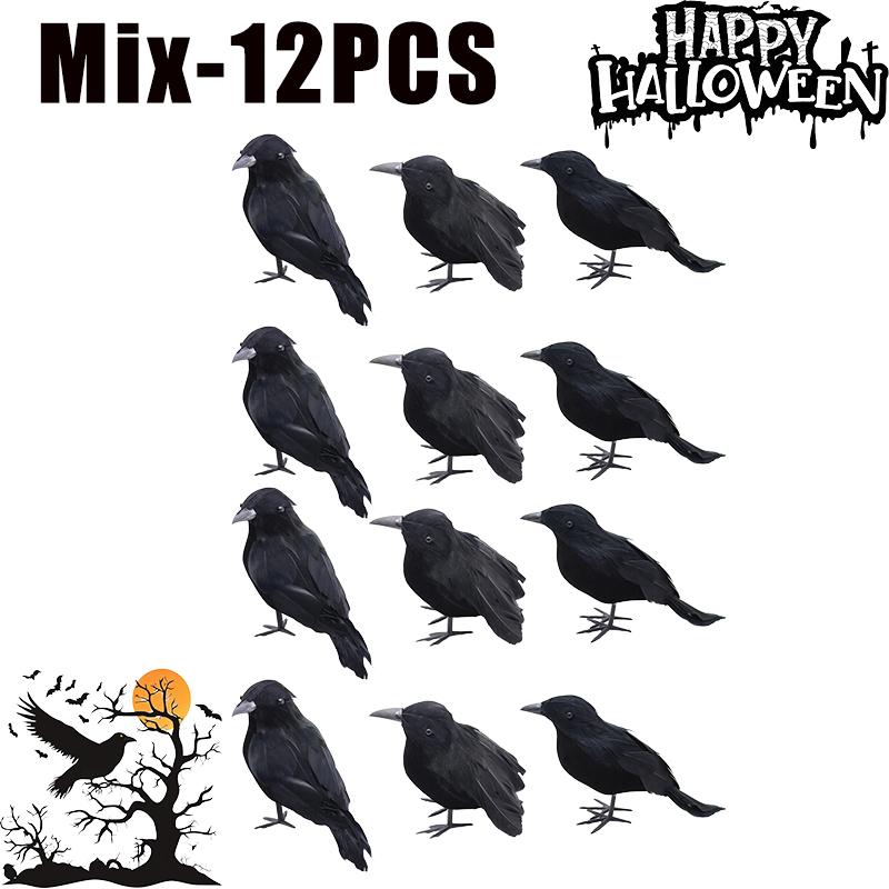 Spooky Halloween Black Crow Feather Decor Set Scary Ravens for Outdoor Garden Party Decoration Creepy Bird Themed Ornaments