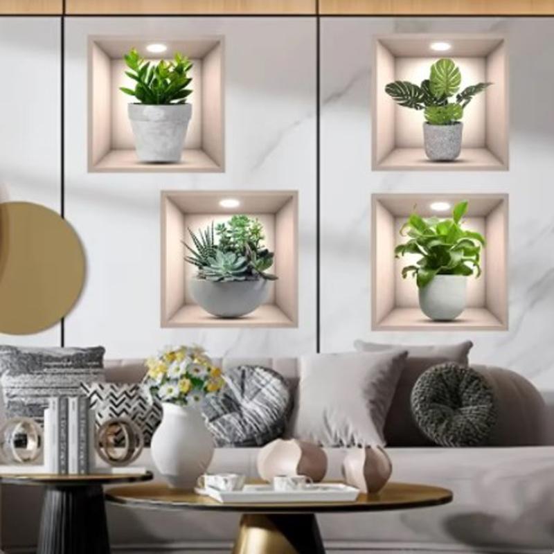 4ps Creative Floral Green Flower Pot Pattern Self-adhesive Wall Stickers Removable Stickers for Home Decoration