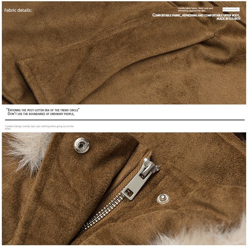 51 Hip-Hop Trendy Brand Retro Suede Cat Ear Hooded Cotton Jacket for Men, Winter Thickened American-Style Fur Collar Padded Cotton Coat