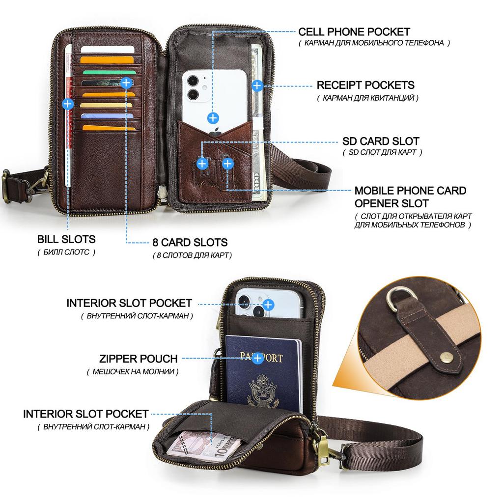 Malá crossbody kabelka pro muže Kabelka přes rameno z pravé kůže s držákem na kartu v pase na mobil