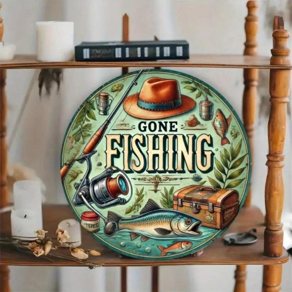 Metal Fishing Sign Rustic Round Wall Decor Waterproof Indoor Outdoor Home Office Bar