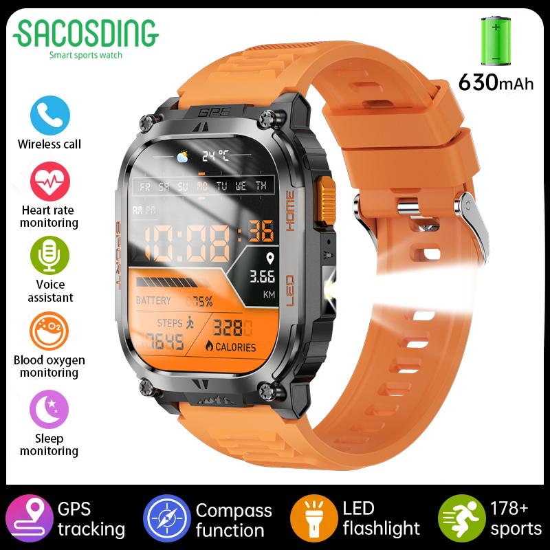 SACOSDING GPS Tracker Smart Watch IP68 Waterproof 2.01-inch HD Display Compass 630mAh Battery Heart Rate BT Call Outdoor Sport Smart Watch