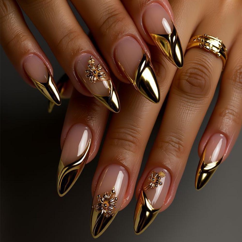 French Gold 3D Almond Wearable Nail Tips - Stylish Cross-Border Manicure False Nails
