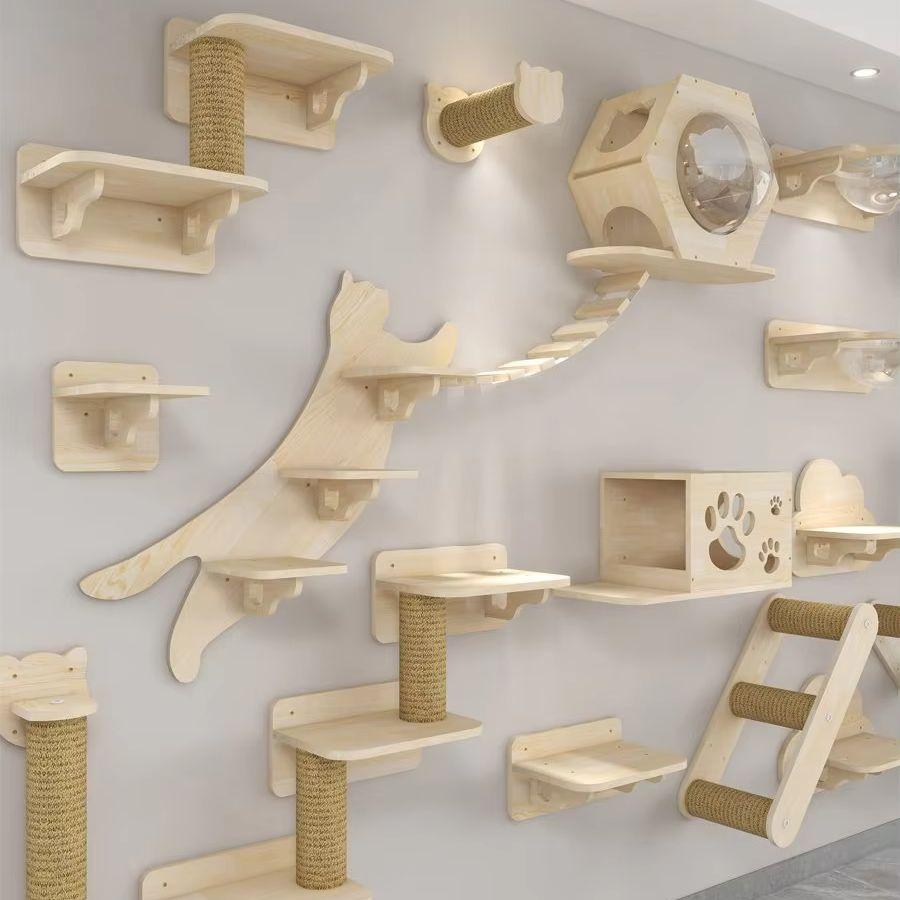 Wall Mounted Sisal Cat Climbing Ladder Treads Wooden Eco-friendly Cat Paradise Cat Furniture Solid Wooden Suspension Bridge