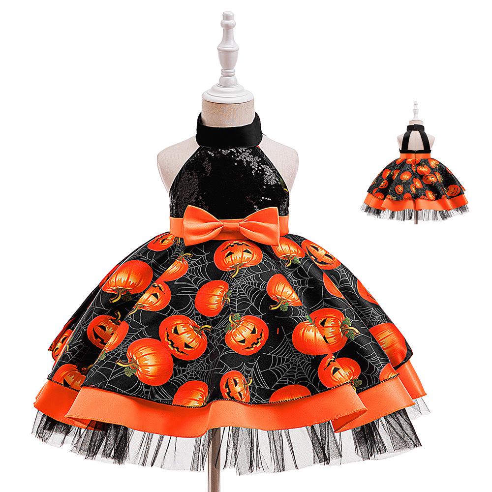New Halloween Pumpkin Print Sequin Halter Dress for Girls - Fashionable Performance Holiday Puff Skirt