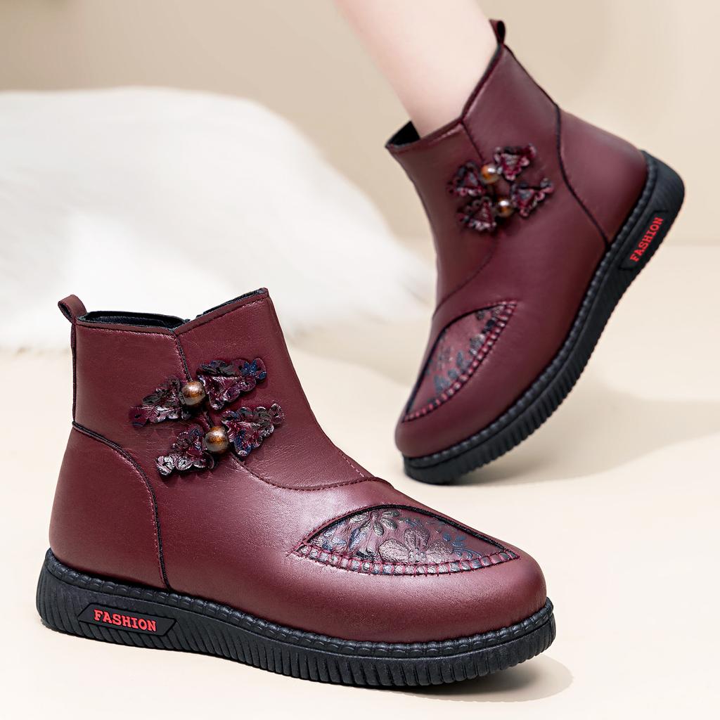 Cotton Shoes Winter Women's Embroidery Women's Boots Cold-proof and Warm Leather Boots Thick-soled Comfortable Snow Boots Piled Thickened Cotton Boots