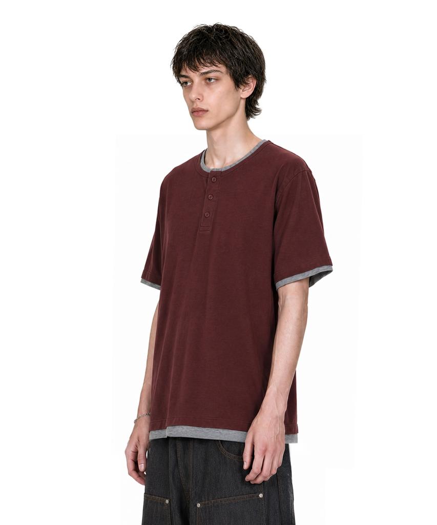 IDWS Layered Henley Neck T-Shirt Burgundy
