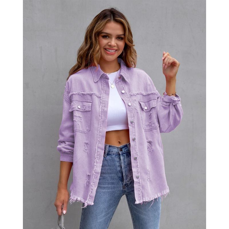 2026 Europäische und amerikanische süße Mode Spice Girls Sommer neue Revers Langarm Jeansjacke mit Löchern für Damen