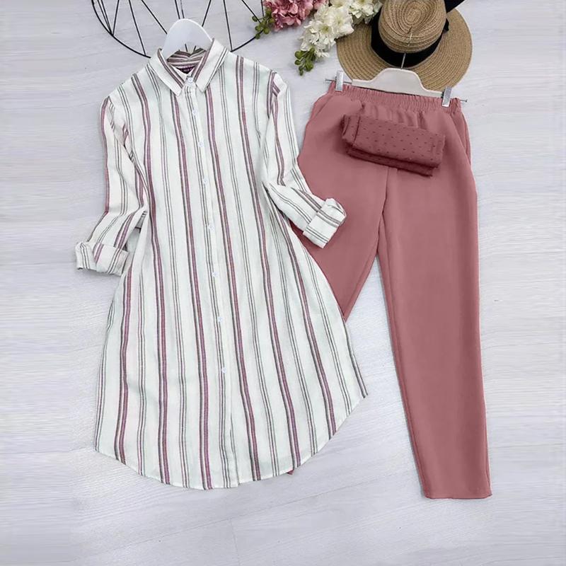 

ZANZEA Женский полосатый длинный блузон и брюки Повседневные комплекты-двойки 2XL розовый