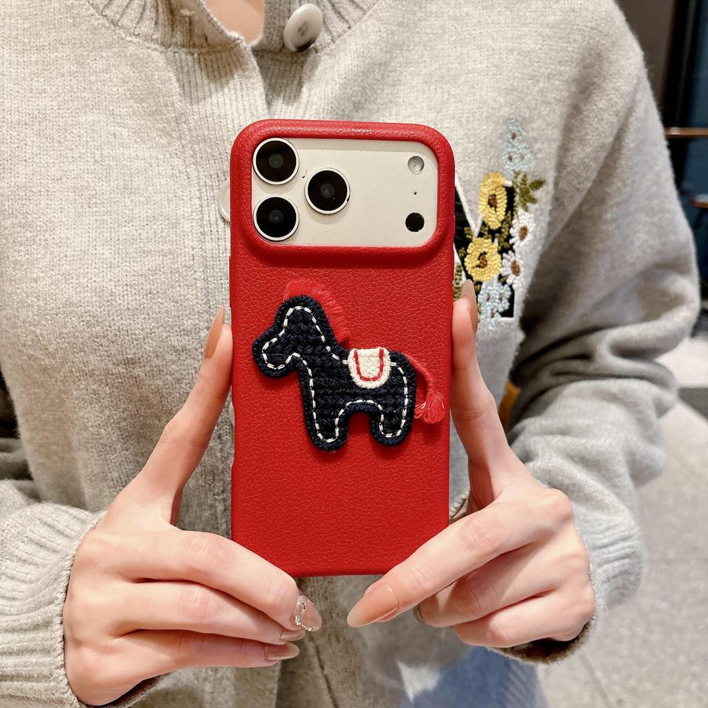 Red Embroidered Horse Leather Phone Case for Apple 17 Pro/iPhone 16, Large Hole, New Year Edition