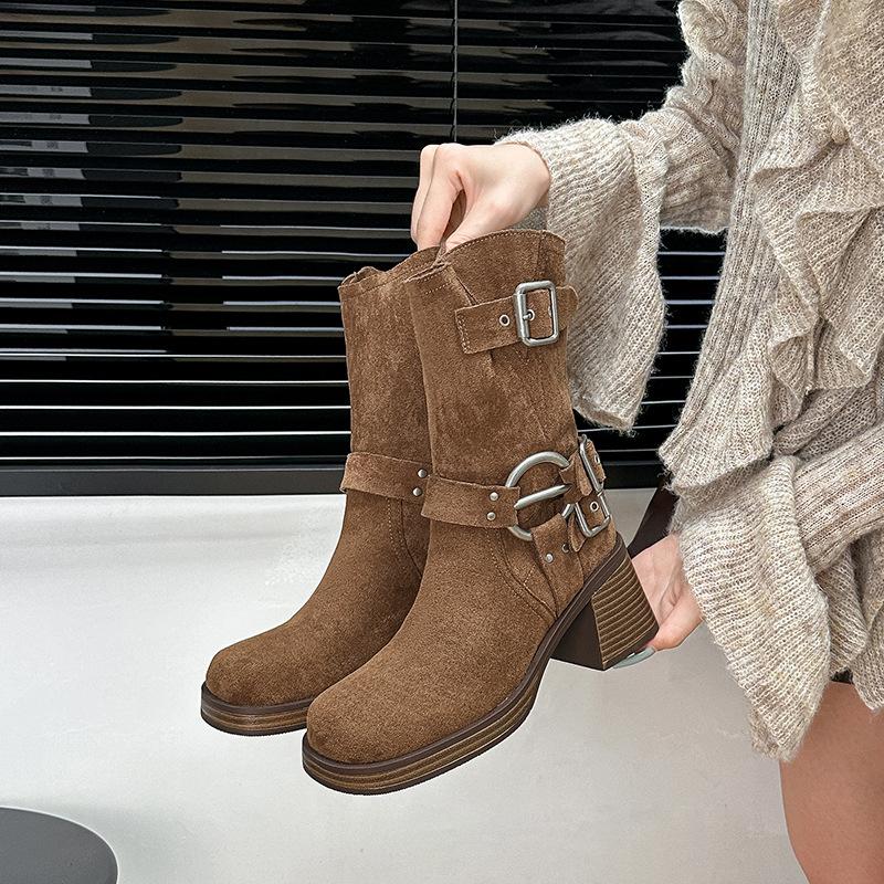 Stiefel Herbst dicker Absatz eckige Spitze Western-Cowboystiefel neue mittelhohe Stiefel mattes Leder Kurzstiefel modisch und vielseitig