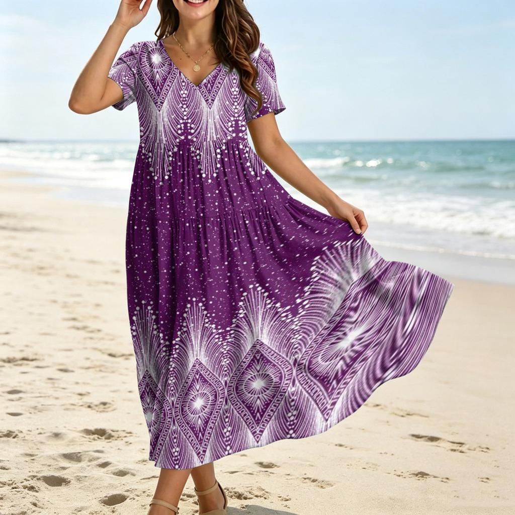 Frauen Casual Lose Bohemian Blumenkleid Kurzarm Lange Maxi Sommer Strand Swing Kleid