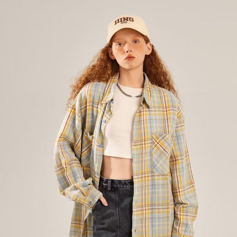 

2024 Клетчатая рубашка с длинным рукавом в японском стиле Гонконга Ins Свободная рубашка для мальчиков Летнее модное универсальное повседневное пальто 2XL жёлтый