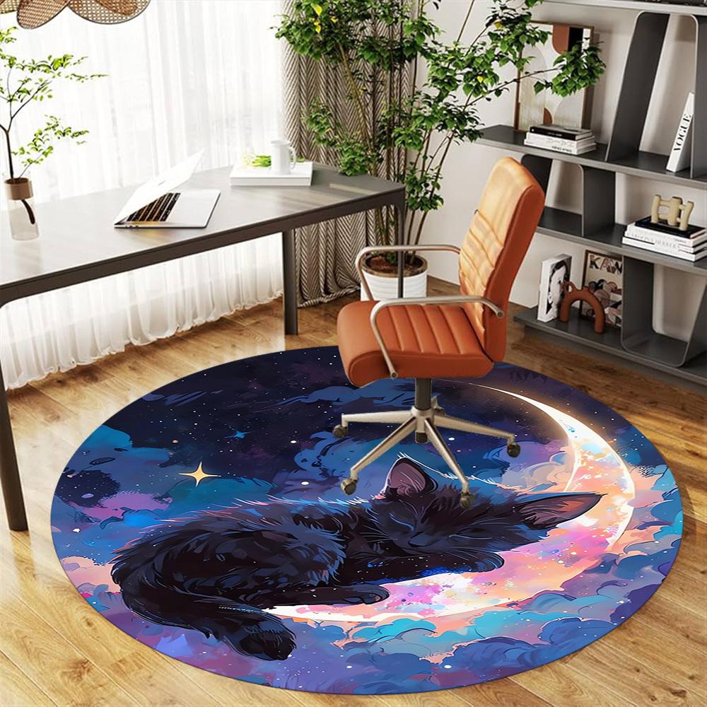 1pc Cosmic Kitty Round Chair mat Area Rug - Non-Slip, Floor Mat for Office, Bedroom, Ideal home decor Christmas Gift p0811479