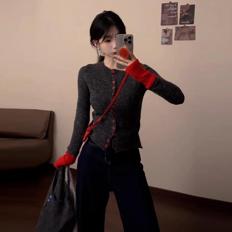 

Дизайнерский кардиган на пуговицах, женский внутренний, весна 2025, приталенный и тонкий, манжеты контрастного цвета, топ с длинным рукавом L