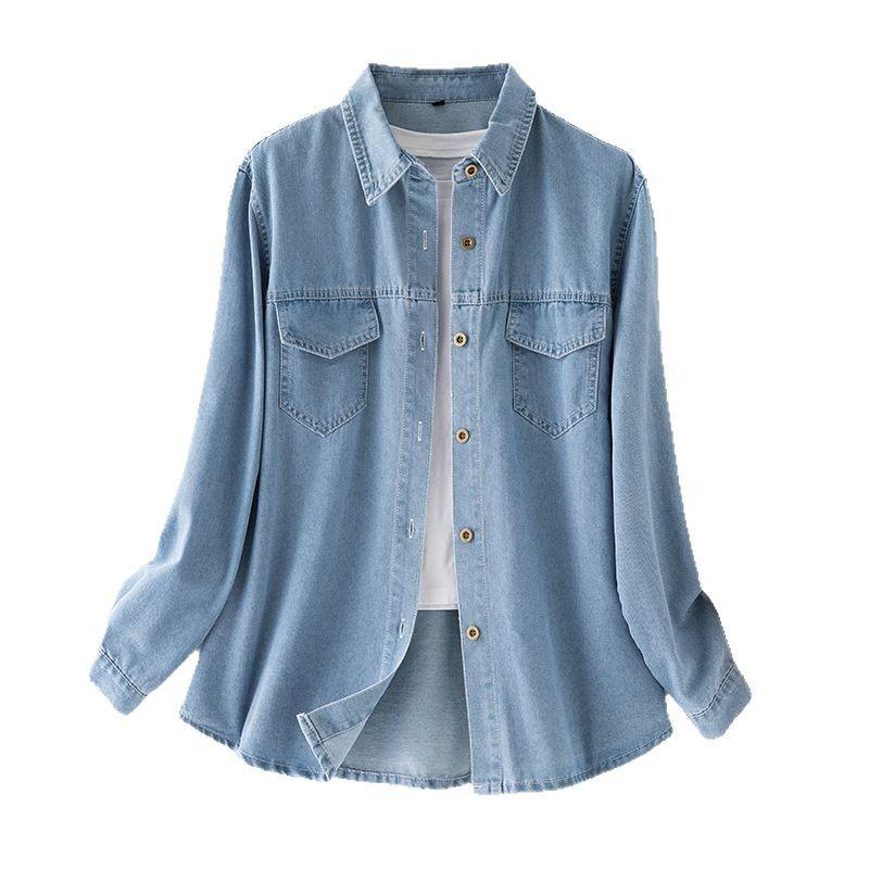 Denim Shirt Women's Spring and Autumn Soft Retro Stacked Wear Casual Loose Lapel Pocket Long Sleeve Jacket Women Women Classic Lapel Chest Pocket