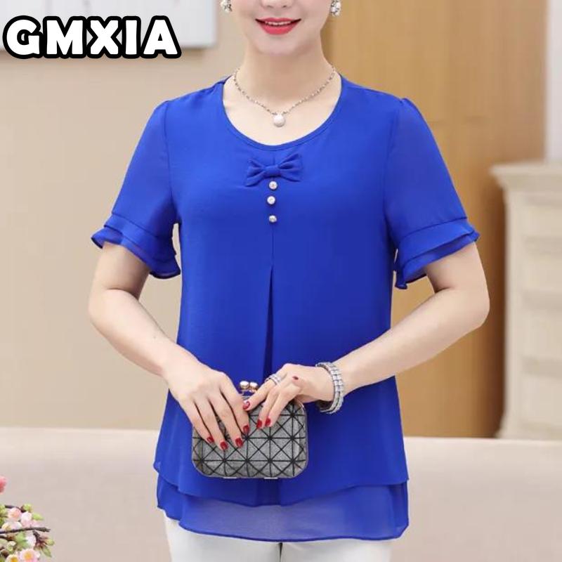 GMXIA Women's Fashion Casual Leisure Solid Color Print Short Sleeve O Neck Blouses & Shirts
